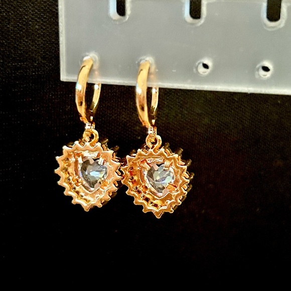 Gold CZ Heart Drop Earrings - Picture 3 of 4